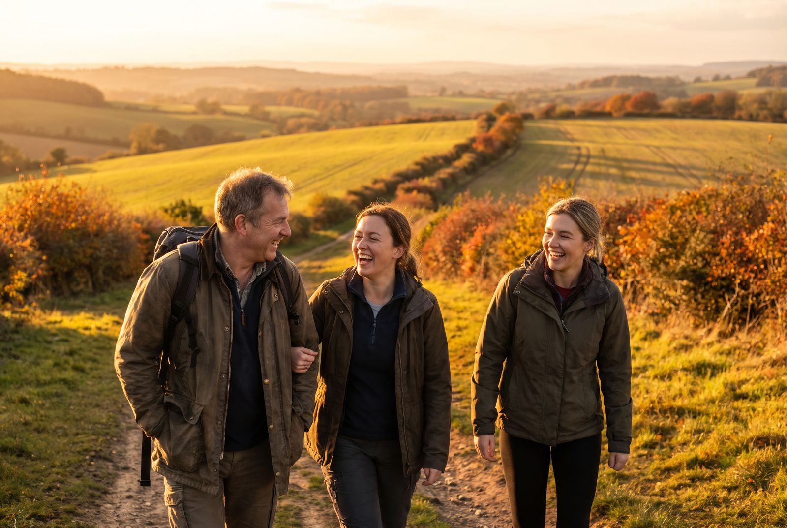 A carer out walking with family in autumn countryside