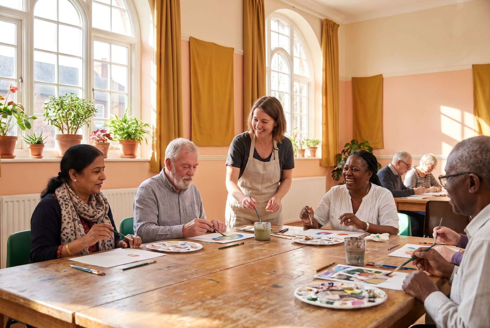 Older people painting together at a day centre