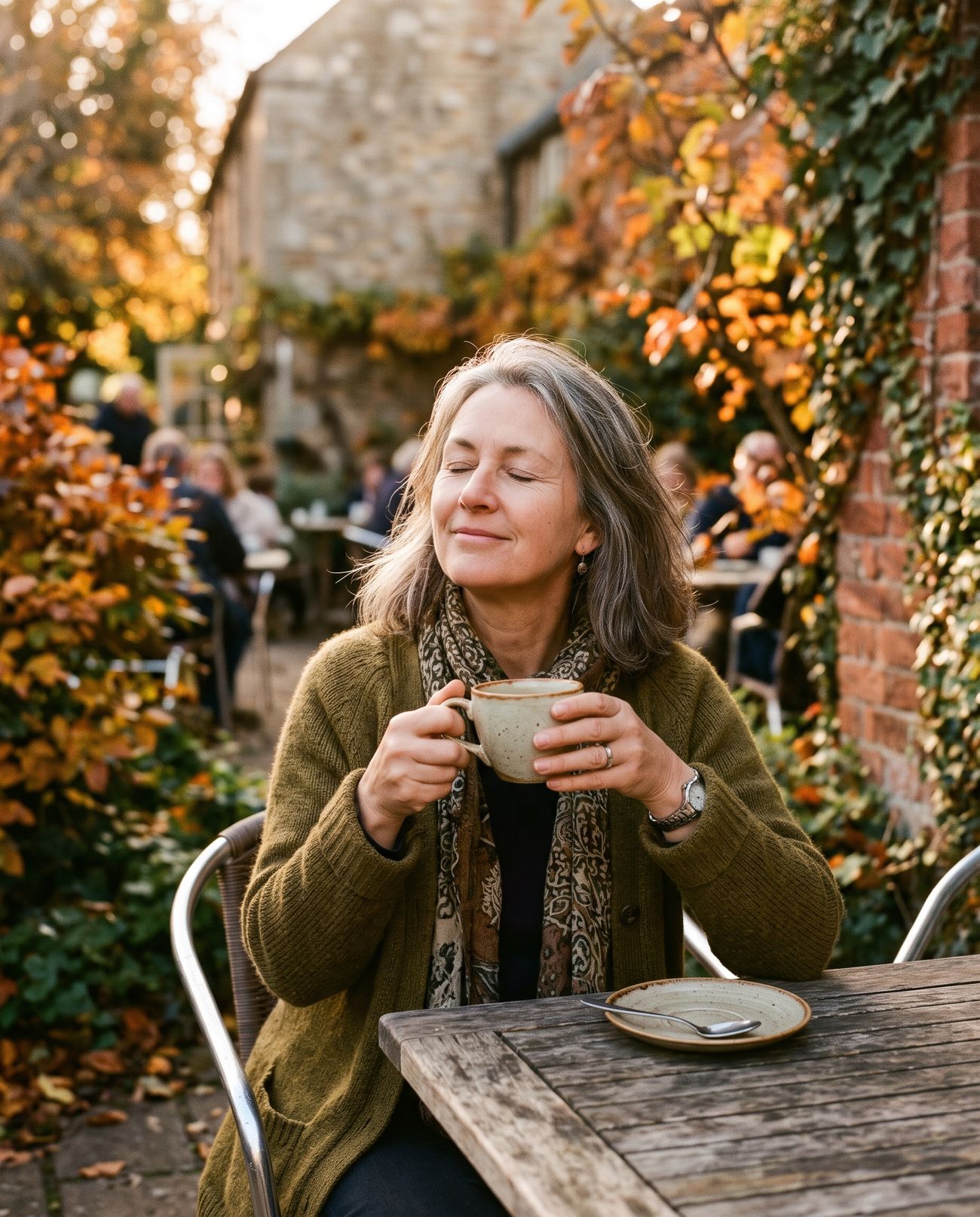 A carer resting with a cup of tea in a sunny garden café