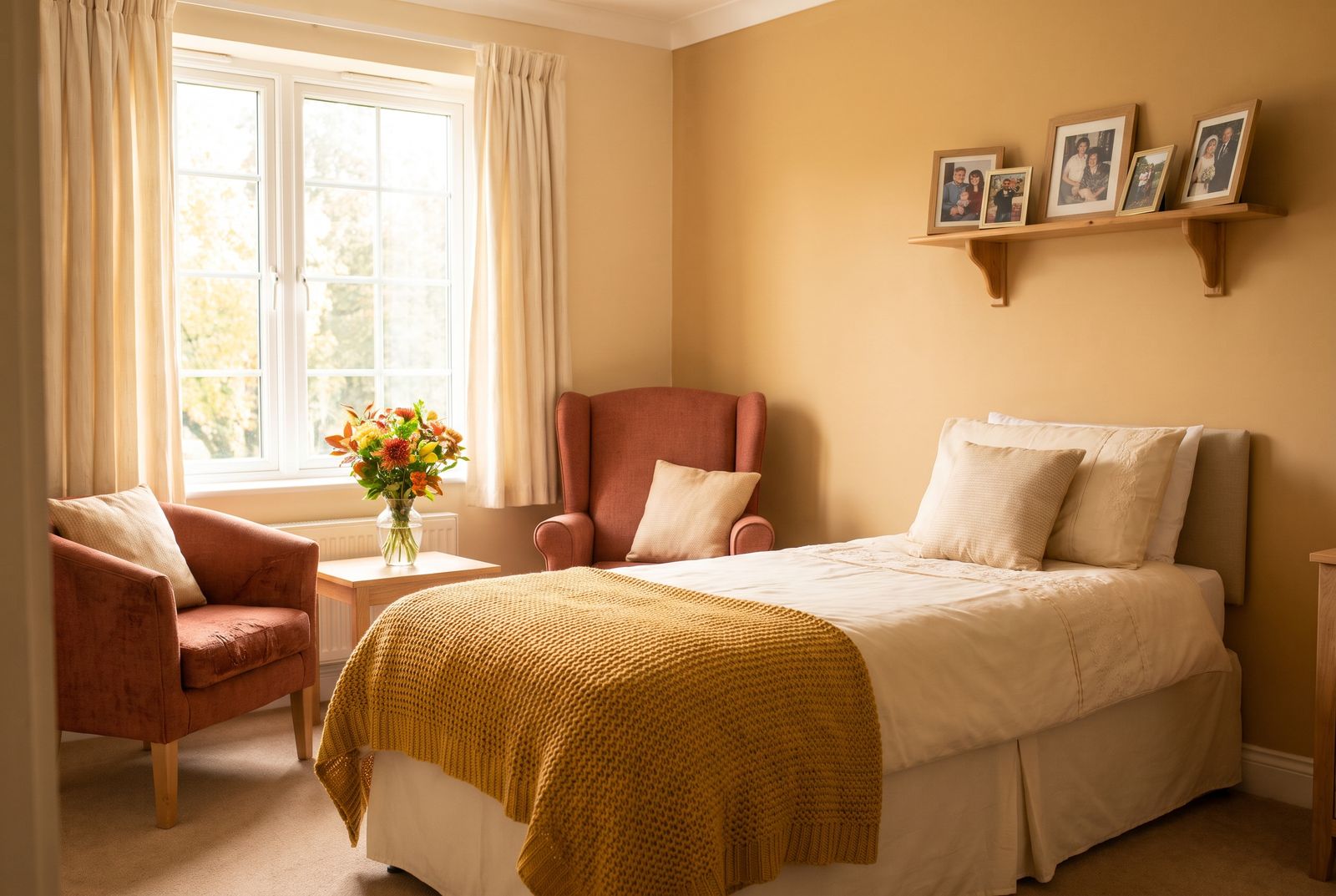 A warm, homely care home bedroom ready for a short stay
