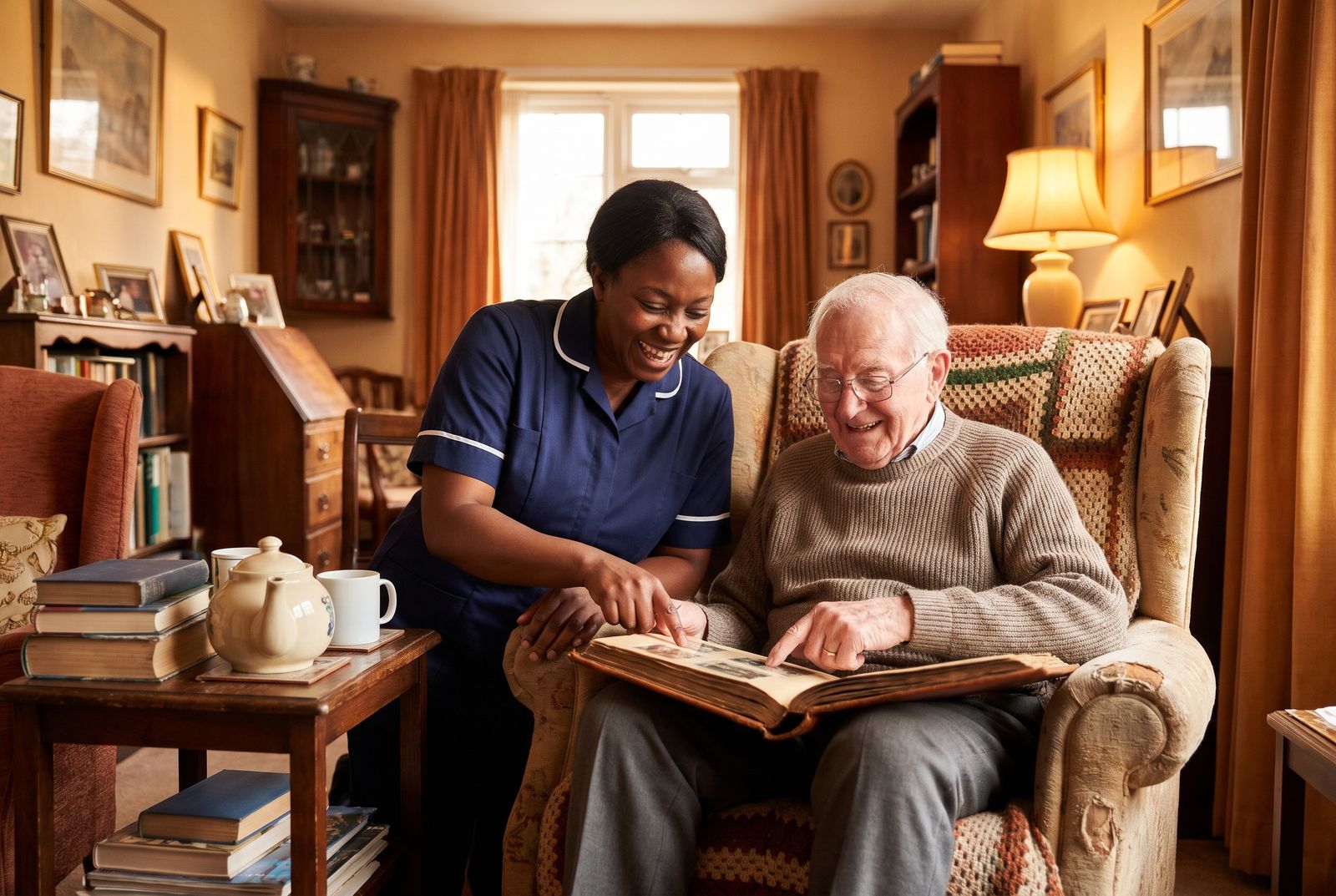 A home care worker and an older man laughing over a family photo album